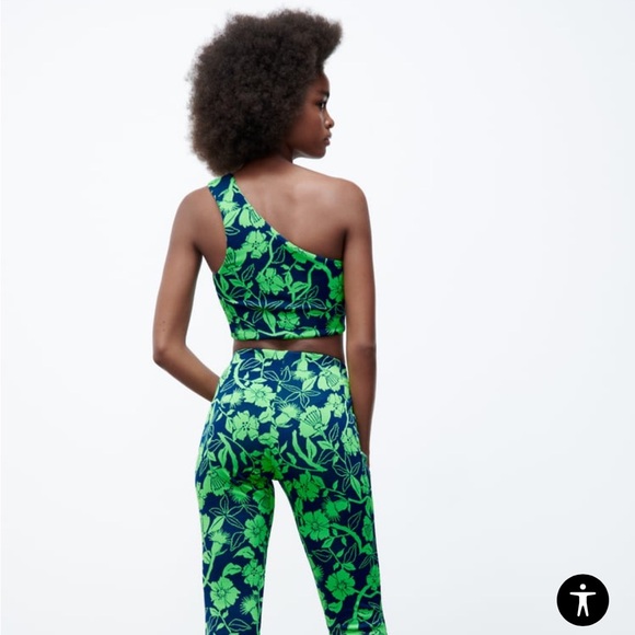 ZARA Jacquard top with asymmetric neckline and strap Blue Green Crop Top Medium - Picture 5 of 16